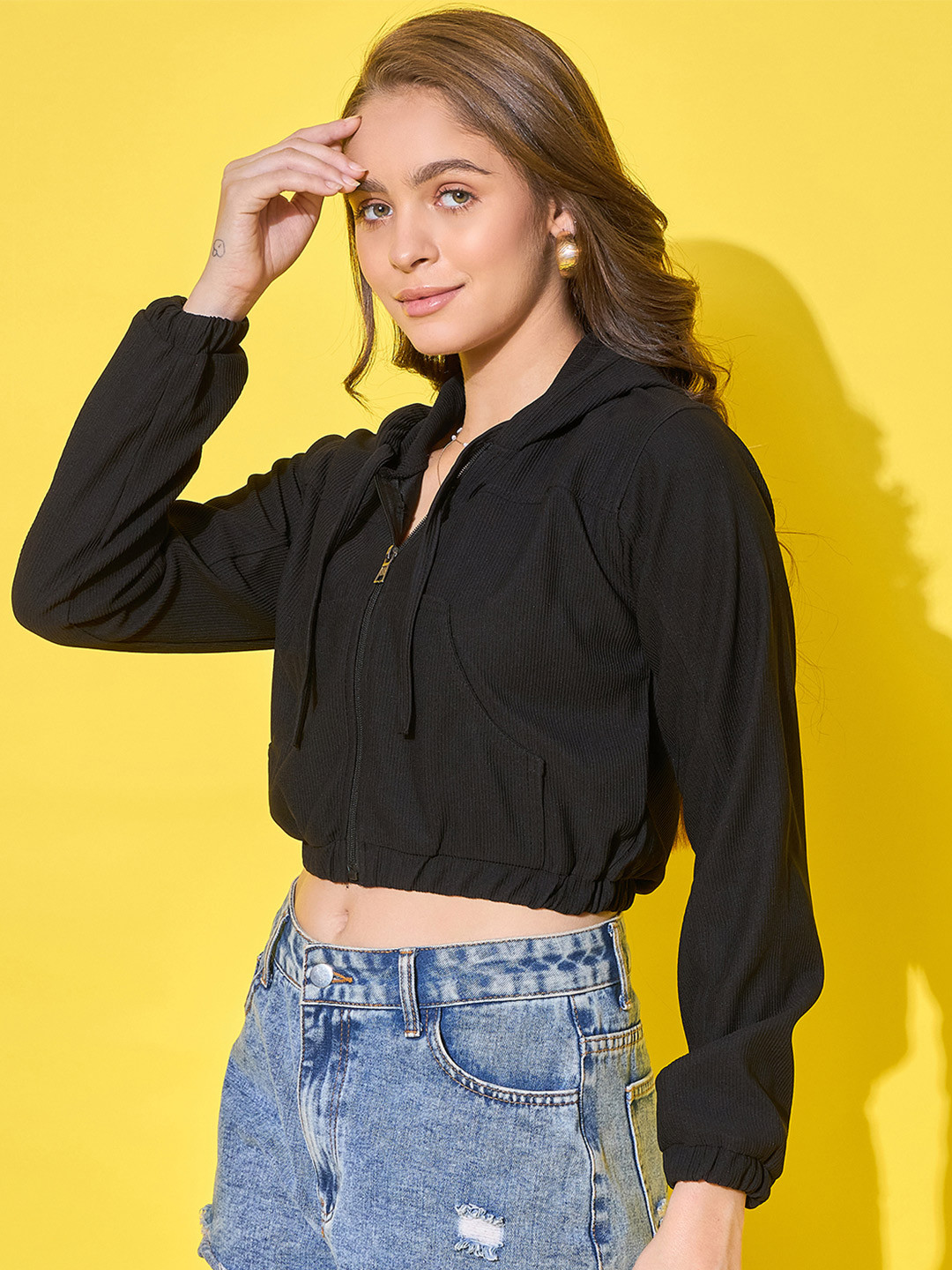 DIMPY GARMENTS Women Ribbed Crop Cotton Hooded Sweatshirt