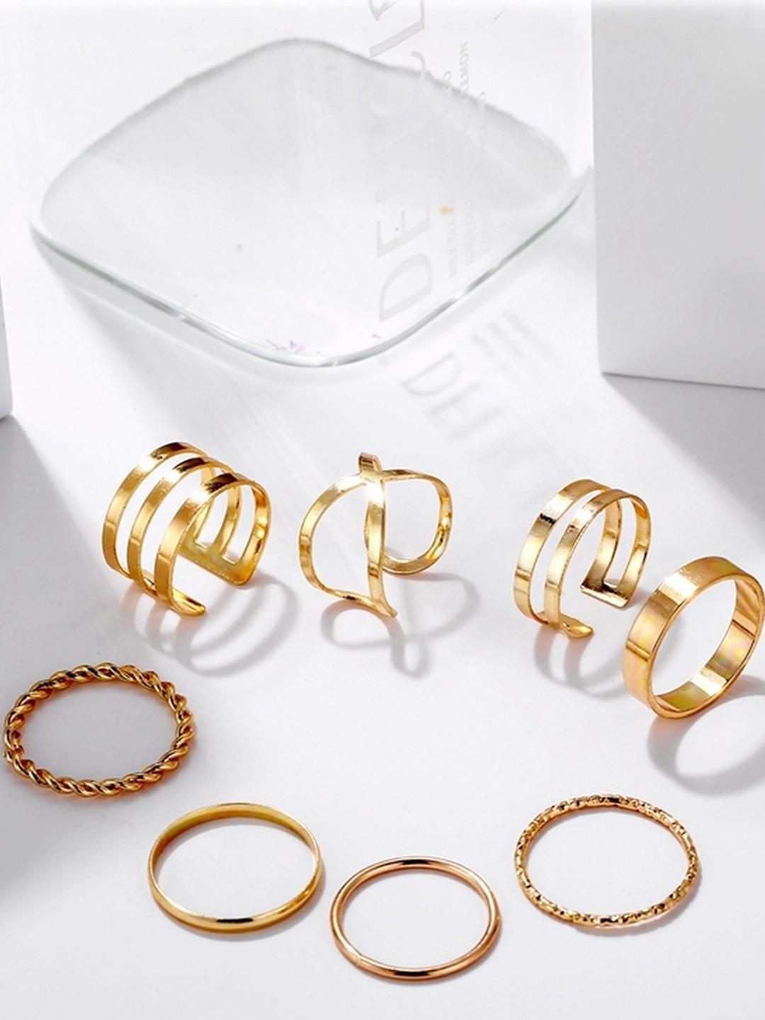 DressBerry Women Set Of 8 Gold Plated Multi Design Finger Rings