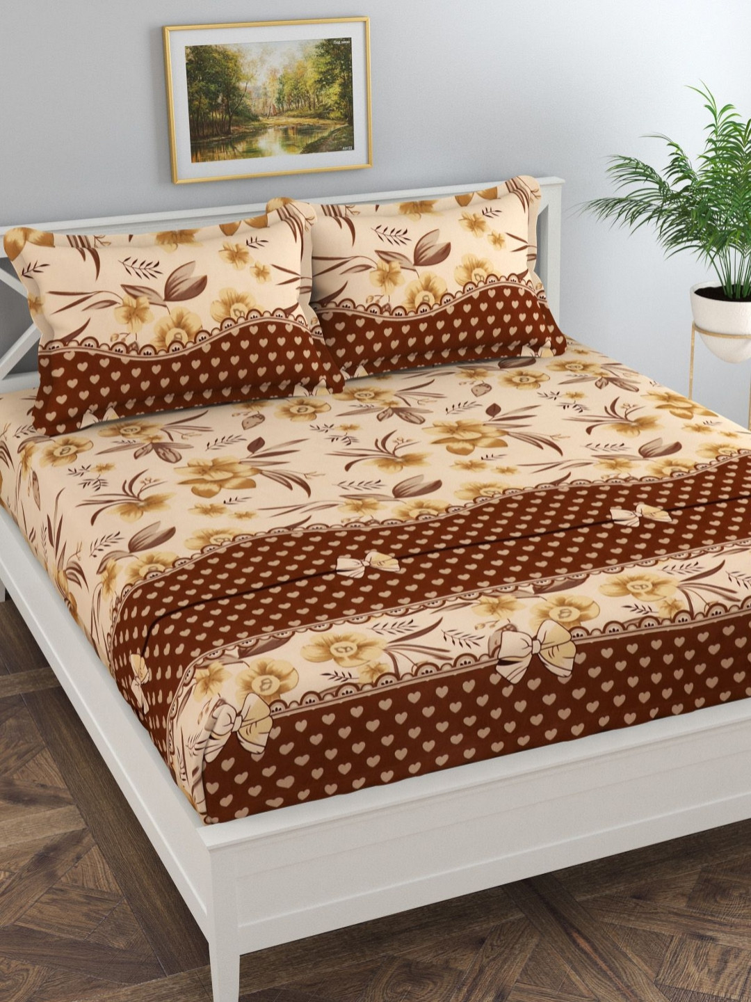 Florida Peach-Coloured Floral Printed 140 TC King Skin-Friendly Bedsheet Set 2.75m x 2.28m
