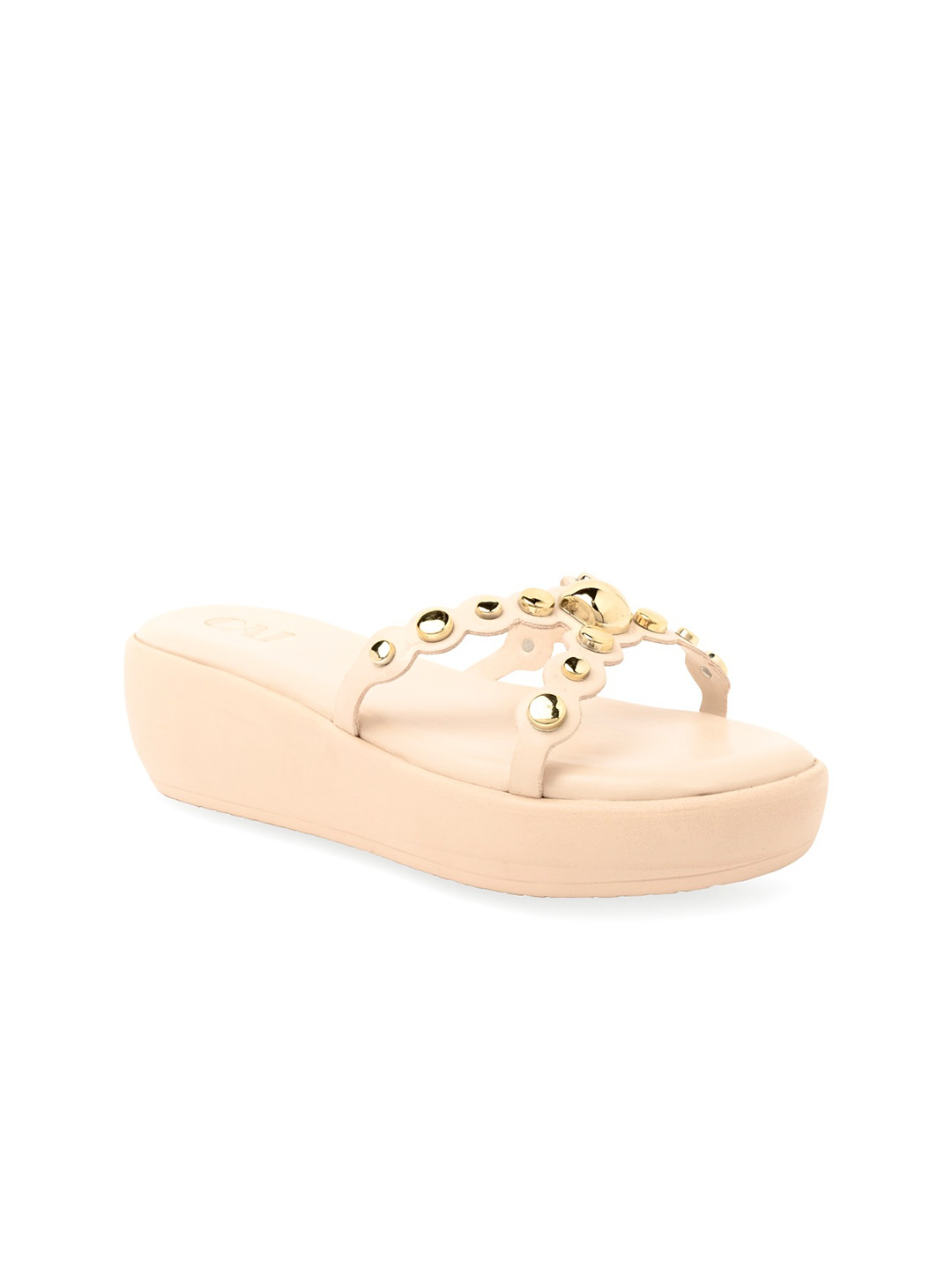 CAI Women Gold Dome Cream Flatform Sandals