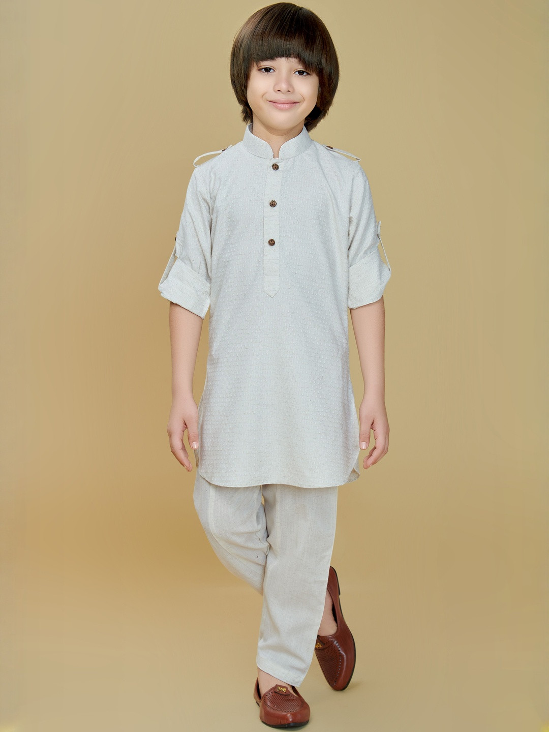Ministitch Boys Cotton Blend Self Textured Full Sleeve Kurta Set