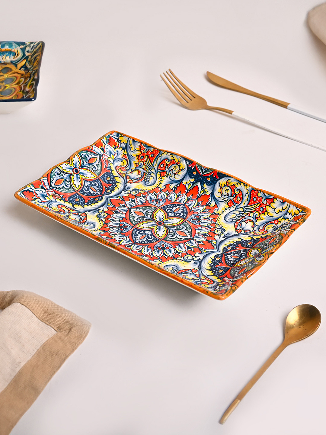 MARKET99 Orange Colored & Yellow Printed Ceramic Rectangular Food Platter