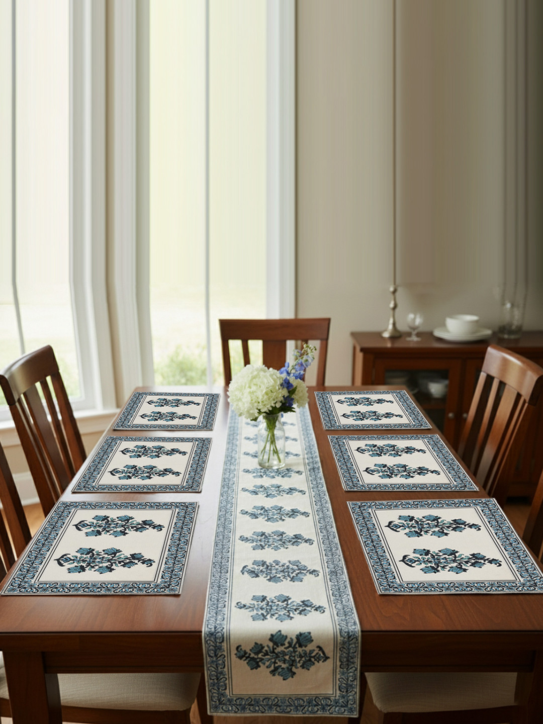 Kuber Industries Set of 7 Blue & Off White Printed Table Runner & Placemats