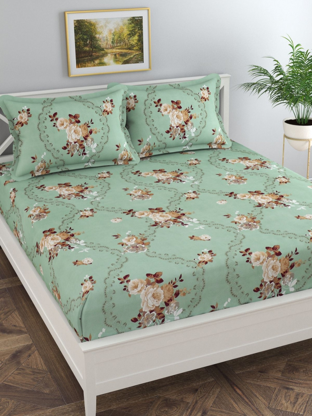 Florida Green & Brown Floral 140 TC Fitted Suped King Bedsheet Set 1.98 m x 1.82m x 25.4cm
