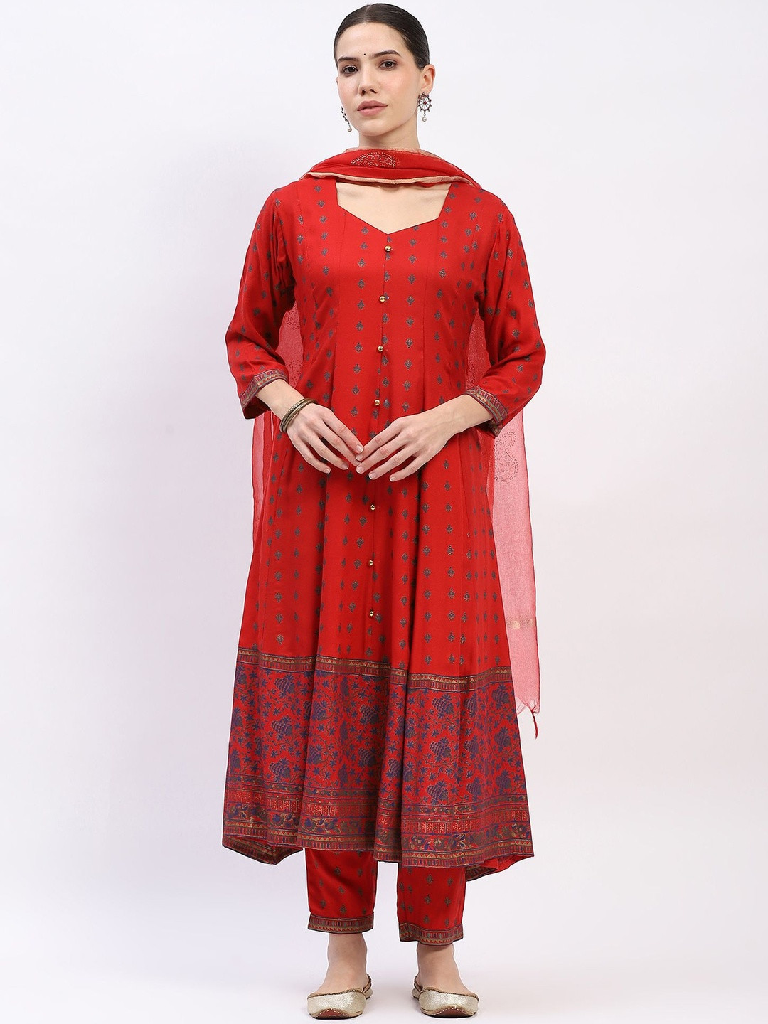 Me&I Ethnic Motifs Printed Sweetheart Neck Panelled Anarkali Kurta With Trousers & Dupatta