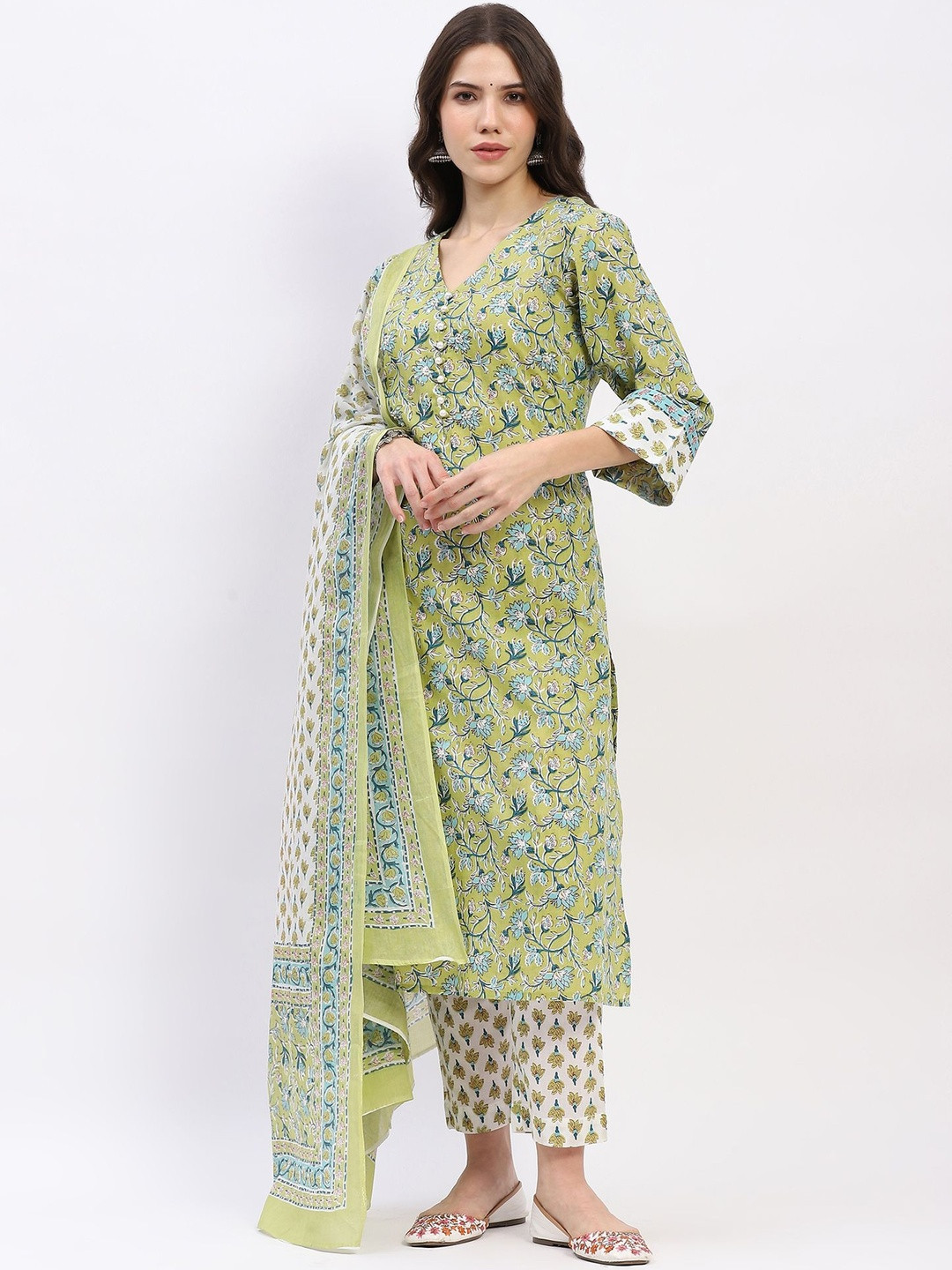 Me&I Floral Printed V-Neck Pure Cotton Straight Kurta With Trousers & Dupatta