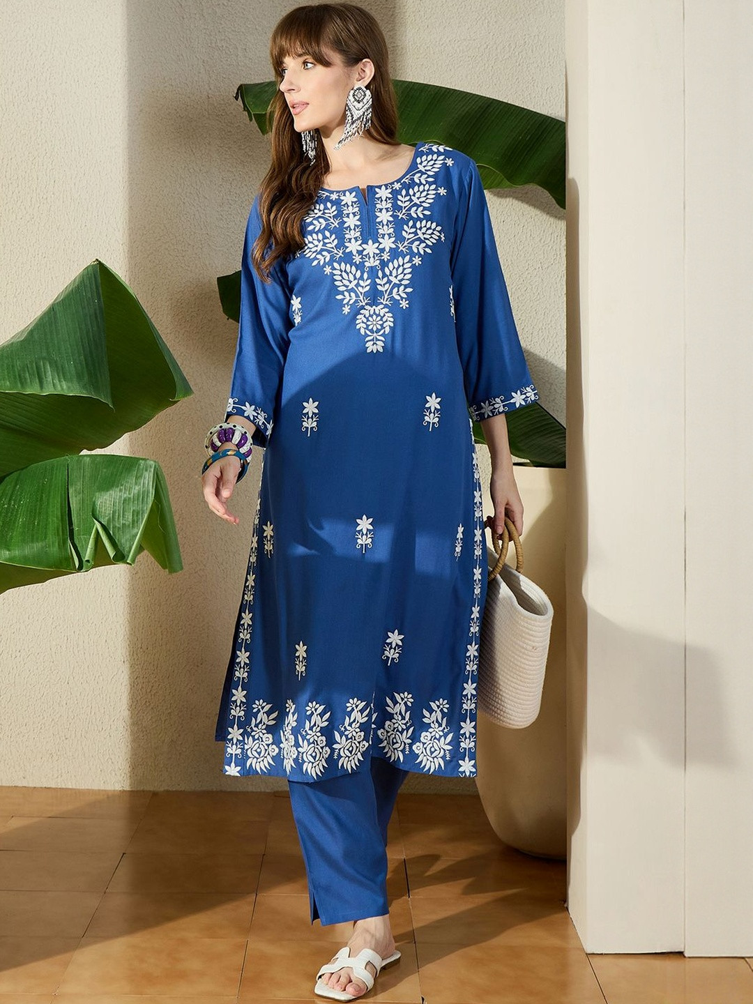 Indo Era Floral Embroidered Straight Kurta with Trousers