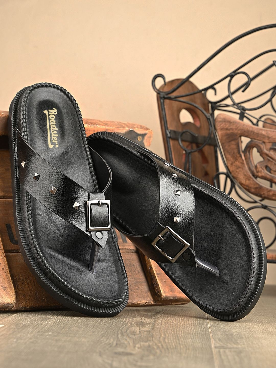 Roadster Men Black Wide Straps Studded Slip-On Sandals