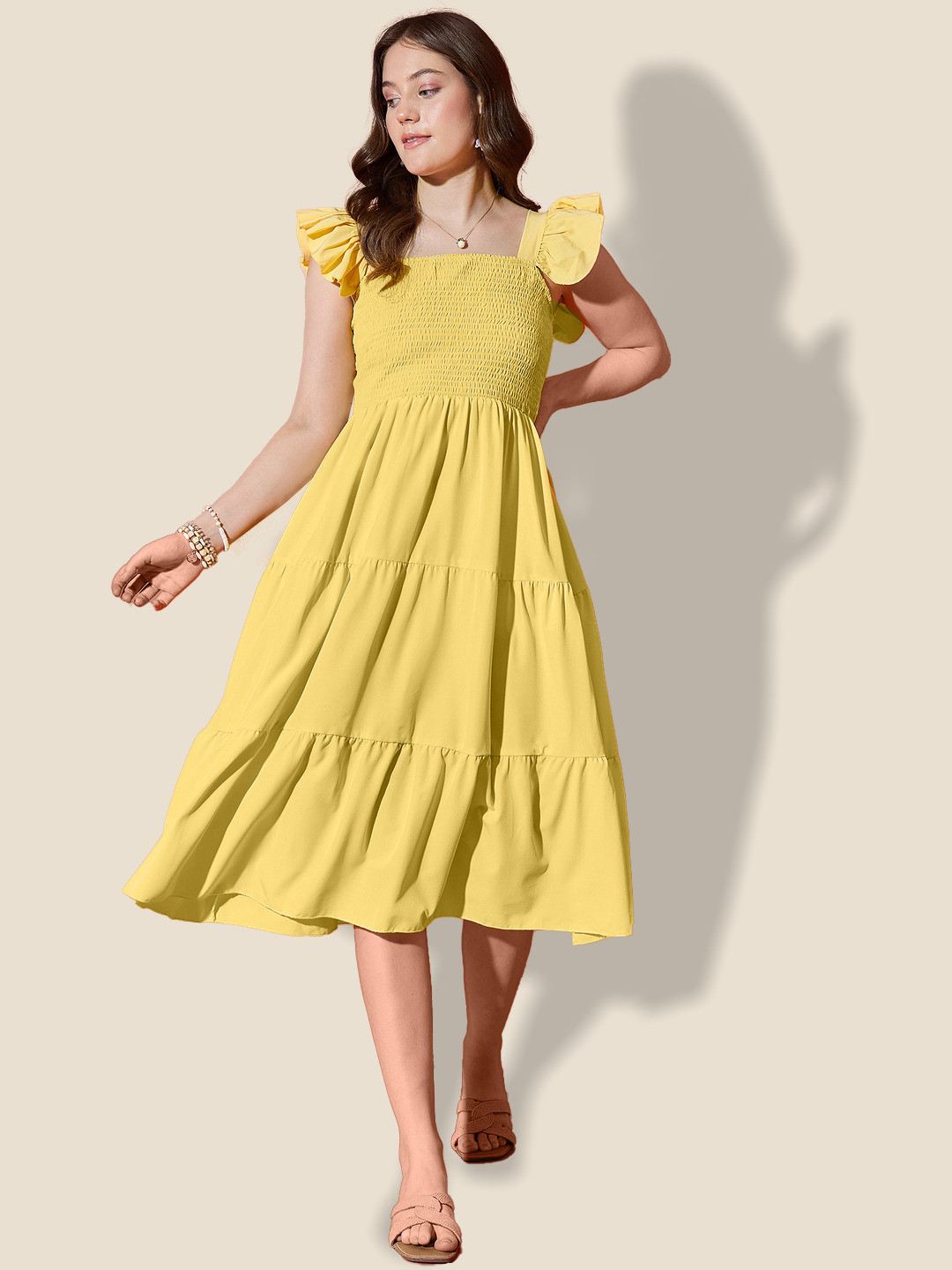 DIMPY GARMENTS Yellow Solid Midi A-Line Dress