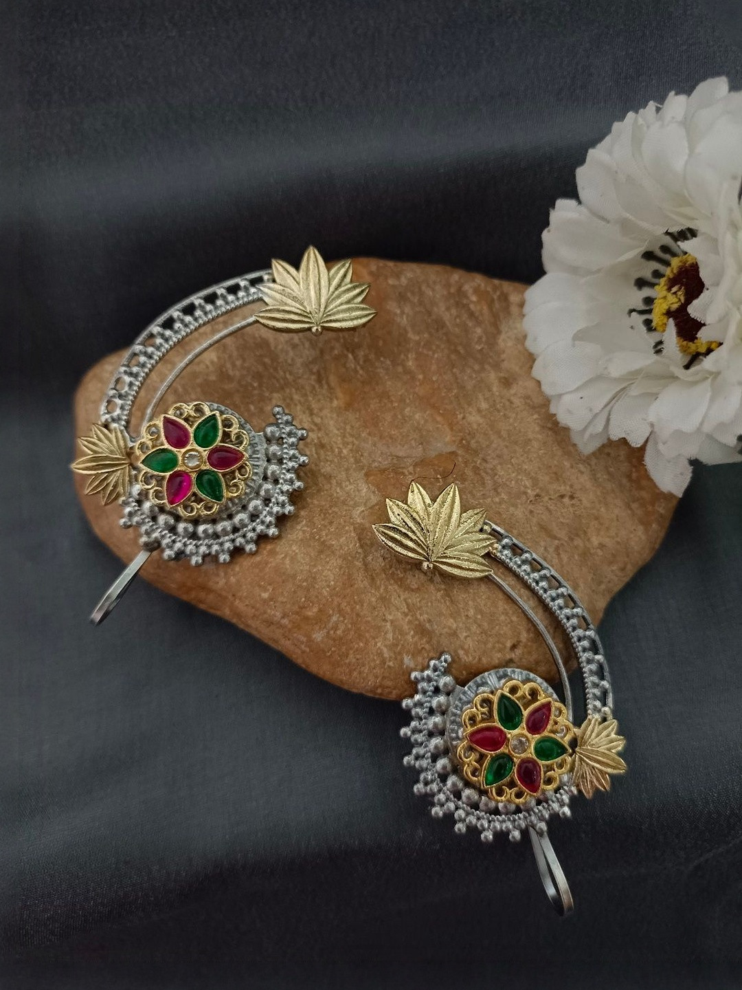 Sanjog Brass-Plated Artificial Stones Studded Oxidised Floral Bugadi Ear Cuff Earring