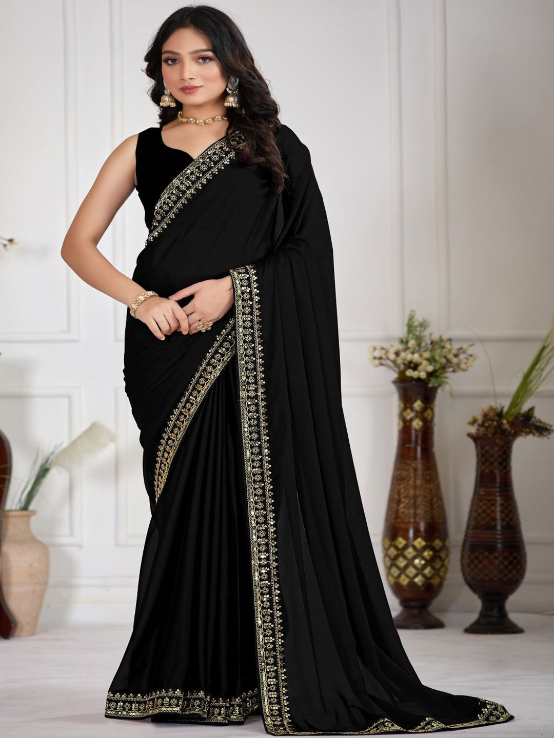Paramparik Textile Embellished Sequinned Satin Heavy Work Fashion Saree