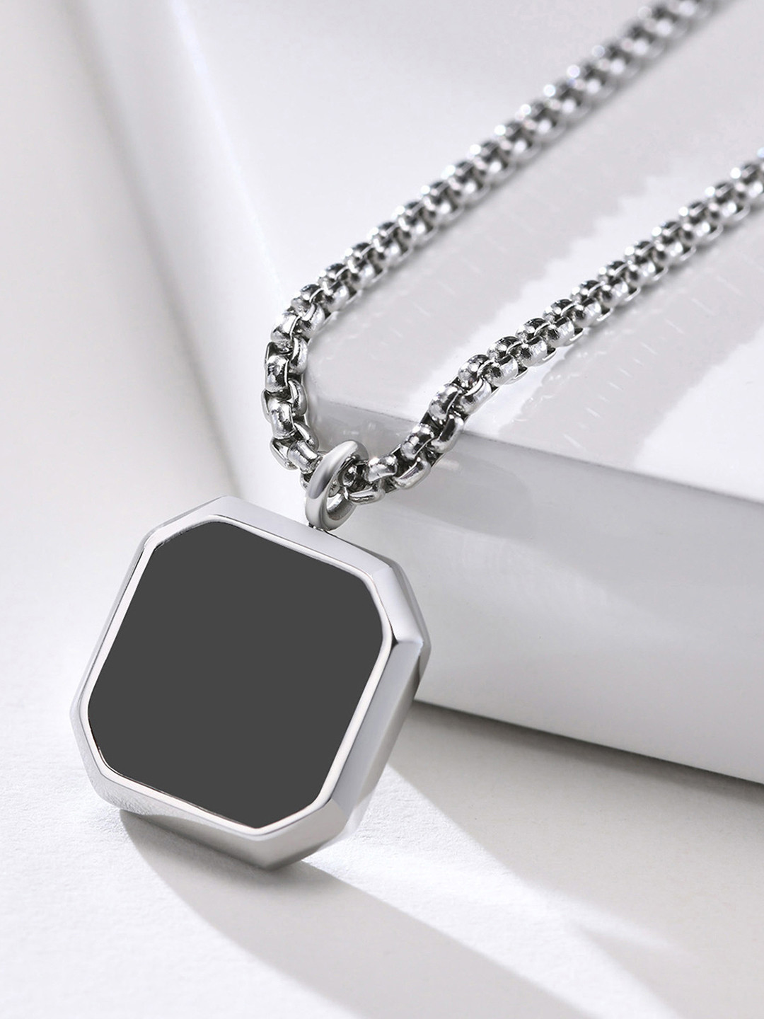 Peora Silver-Plated Stone Studded Square Pendant with Chain