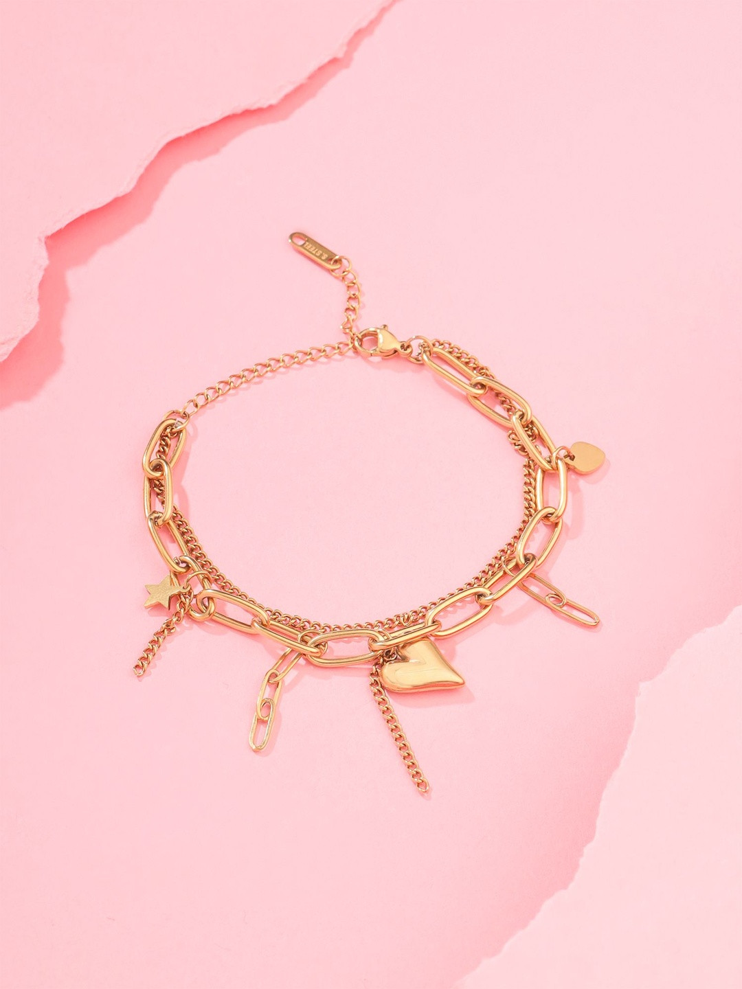 Qiroko Stainless Steel Multistrand Heart Charm Stack Bracelet