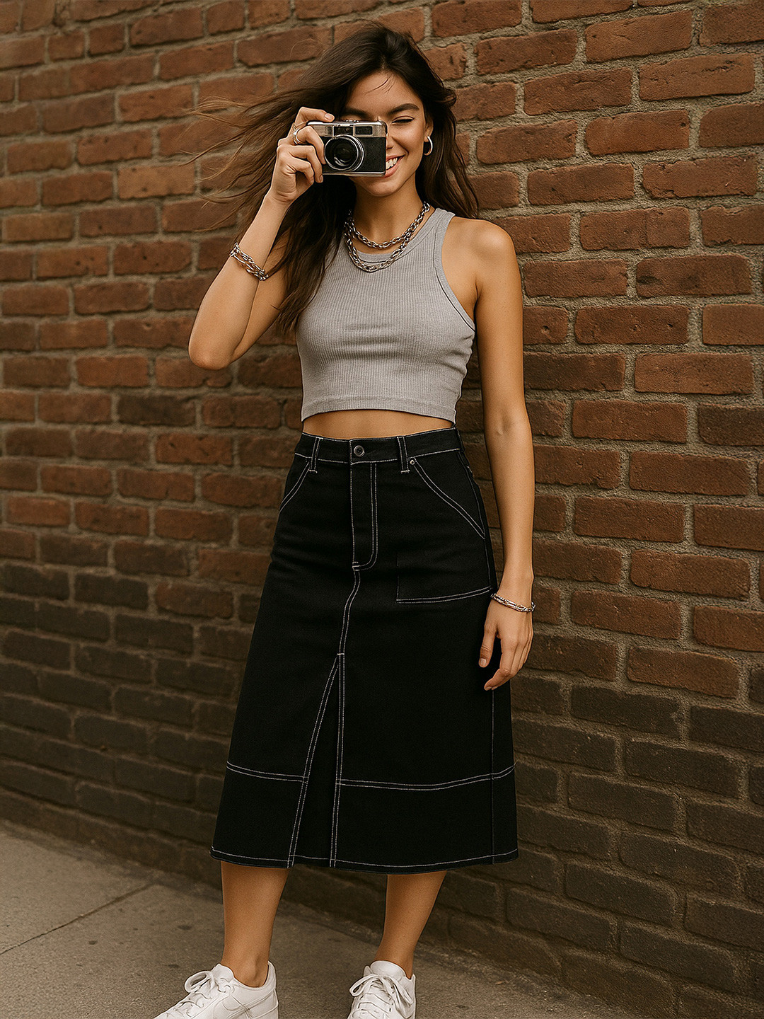 Belliskey Women Washed Denim Side-Slit Straight Skirt