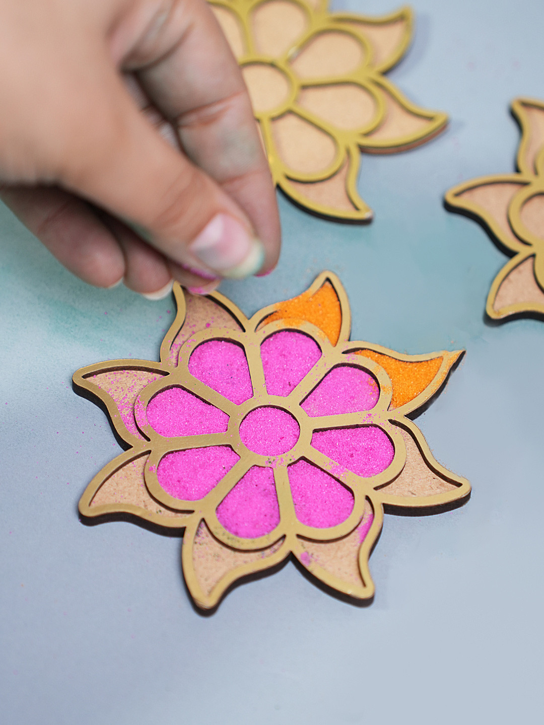 THE MOHRAJ 3-Pcs Nude Wood Rangoli Stencils Kit With Colours