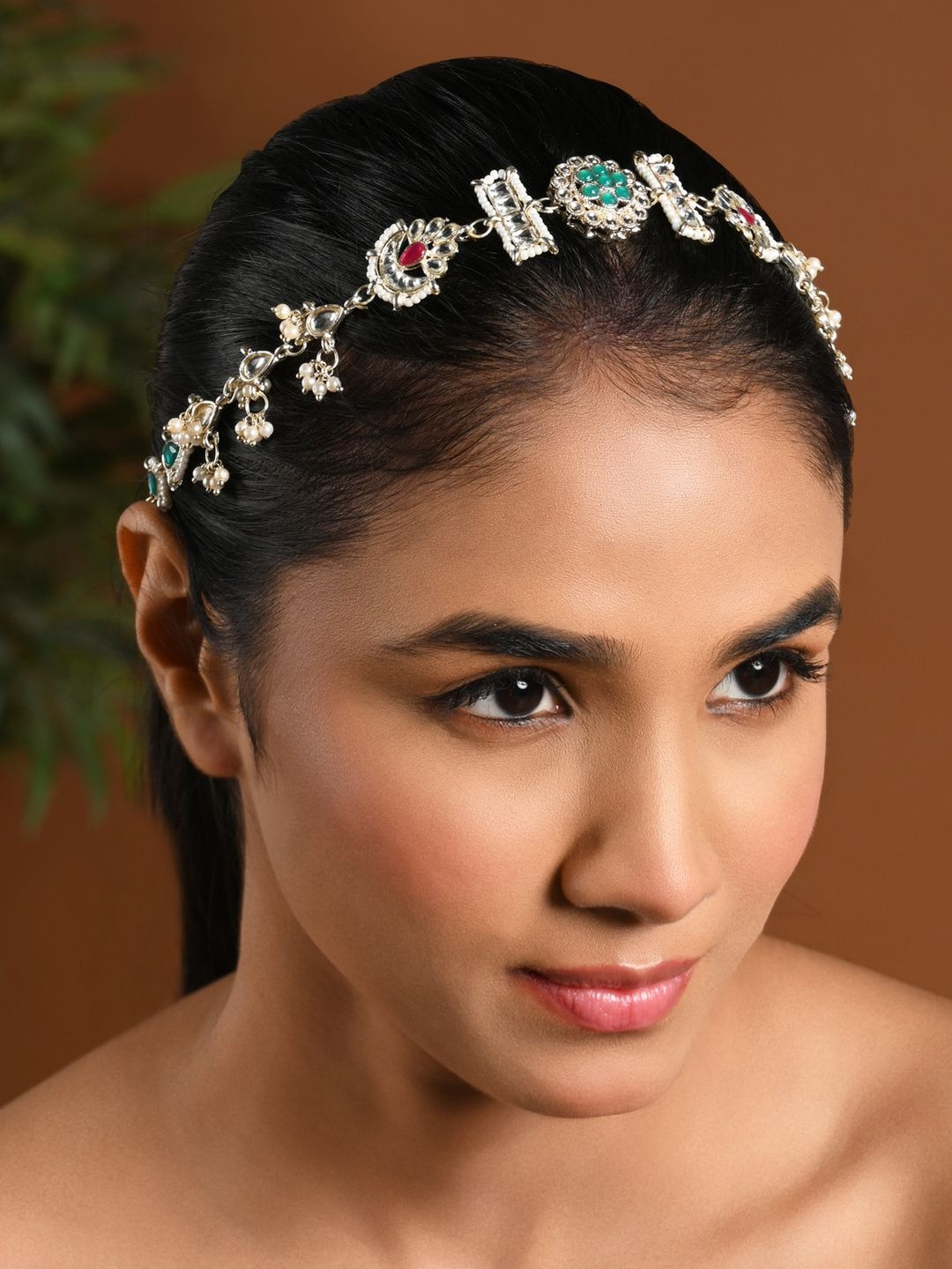 I Jewels Gold-Plated Kundan Studded And Artificial Beaded Matha Patti Jewellery