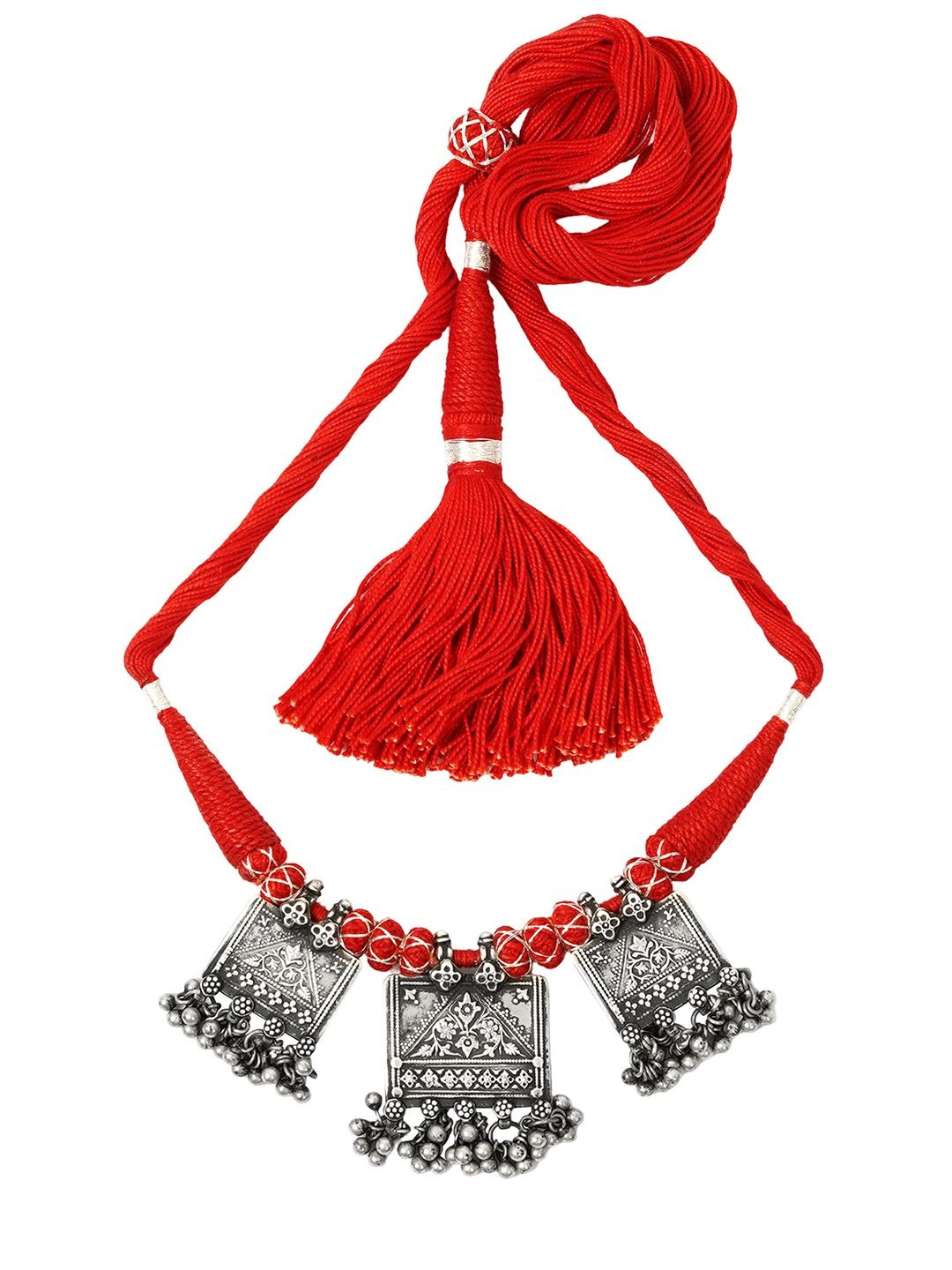 Studio Taveez Handcrafted Silver Necklace with Stamping, Ghungroos & Bandhai Threadwork