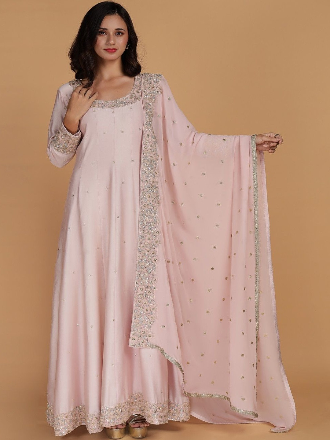 MILU MADAN Women Embroidered Sequinned Anarkali Maxi Dress With Dupatta