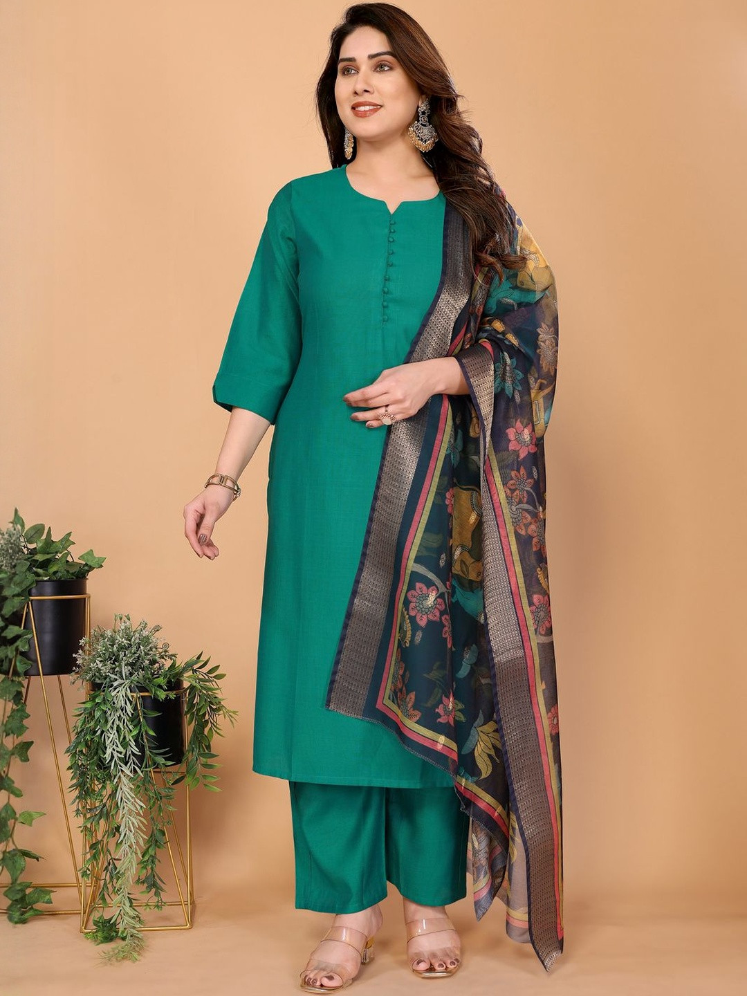 STYLE SAMSARA Round Neck Straight Kurta With Trouser & Dupatta