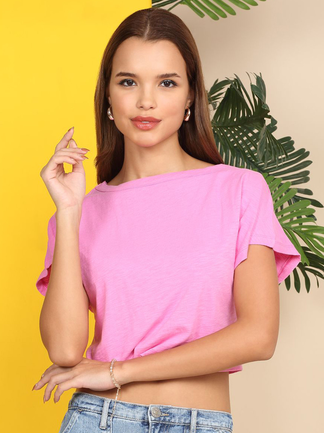 MORDEN MUSE Boat Neck Pure Cotton Slim Fit Crop T-shirt