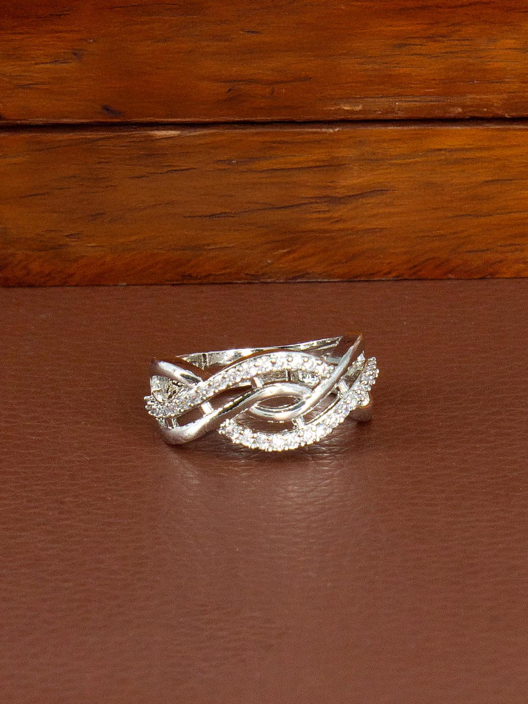 PRIVIU Silver-Plated American Diamond Studded Band Adjustable Finger Ring