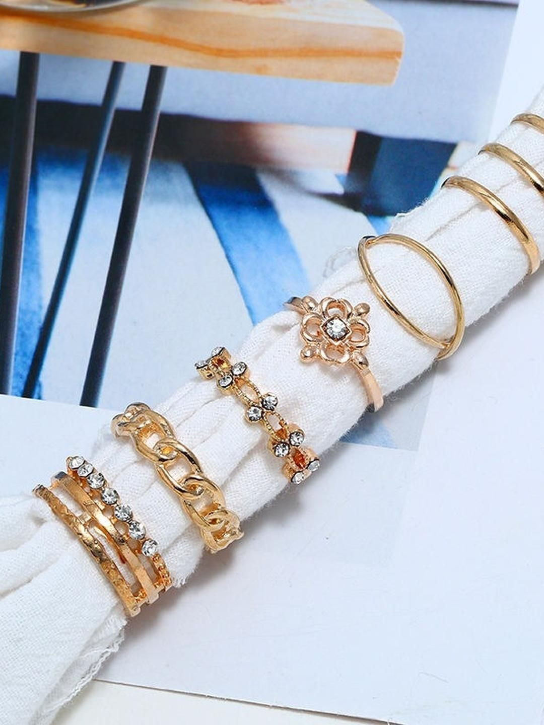 DressBerry Women Charming Pack Of 8 Crystal Good Luck Twist Cross Chain Ring Set