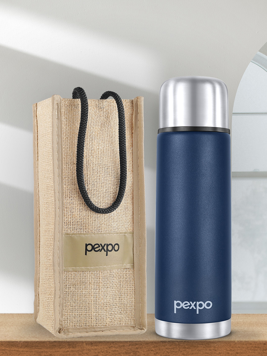 Pexpo Flamingo Denim Blue Printed ISI Certified Thermosteel Hot Flask Water Bottle 750ml