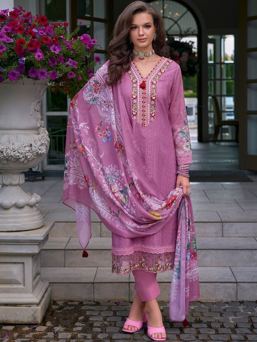 Indo Era Embroidered Regular Thread Work Pure Cotton Kurta With Trousers & Dupatta