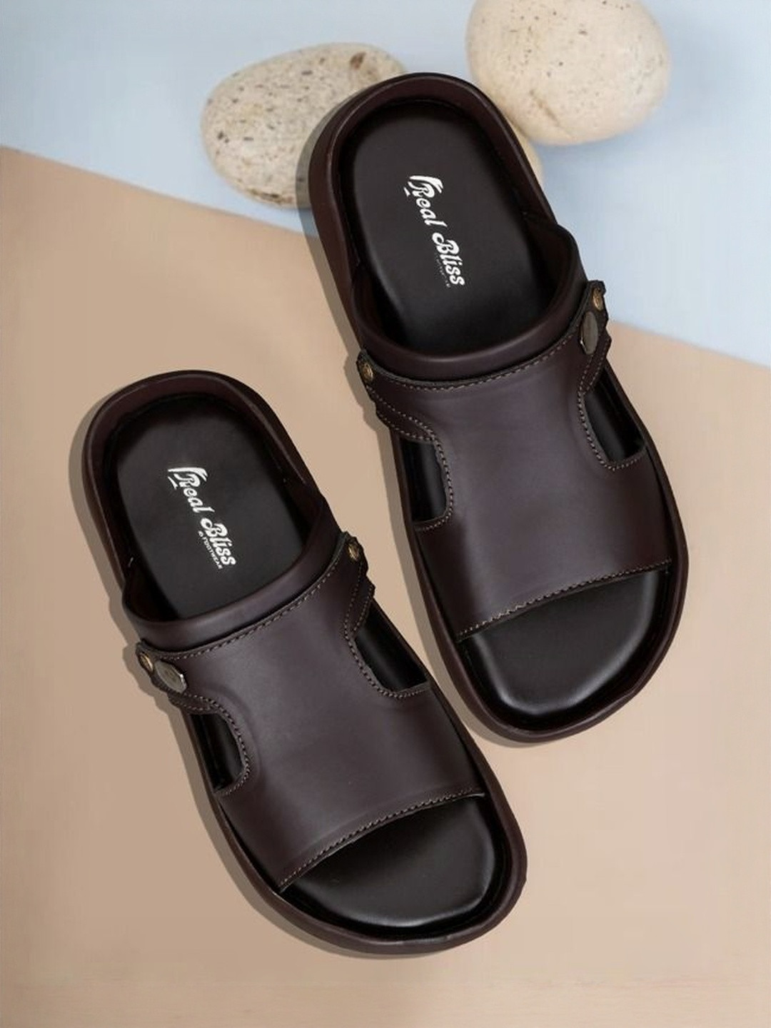 REAL BLISS FOOTWEAR Men Black solid Synthetic Leather Comfort Sandals