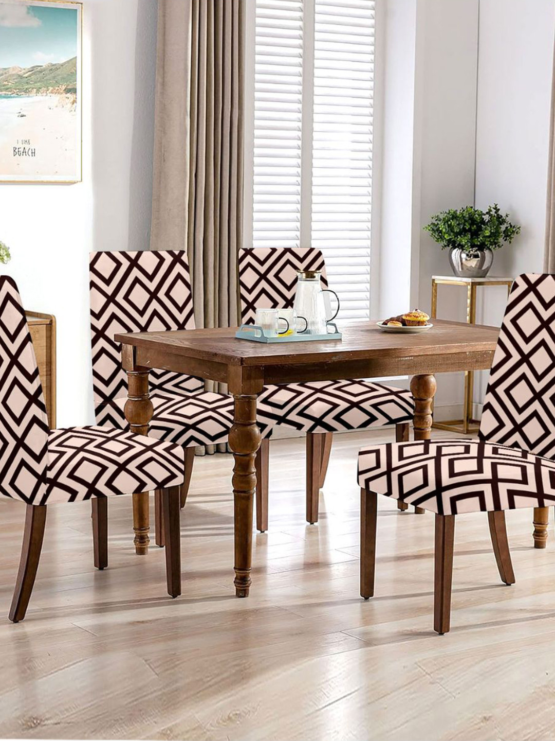 Lazi 200 GSM 4 Pieces Cream-Coloured & Brown Printed Geometric Dining Chair Covers