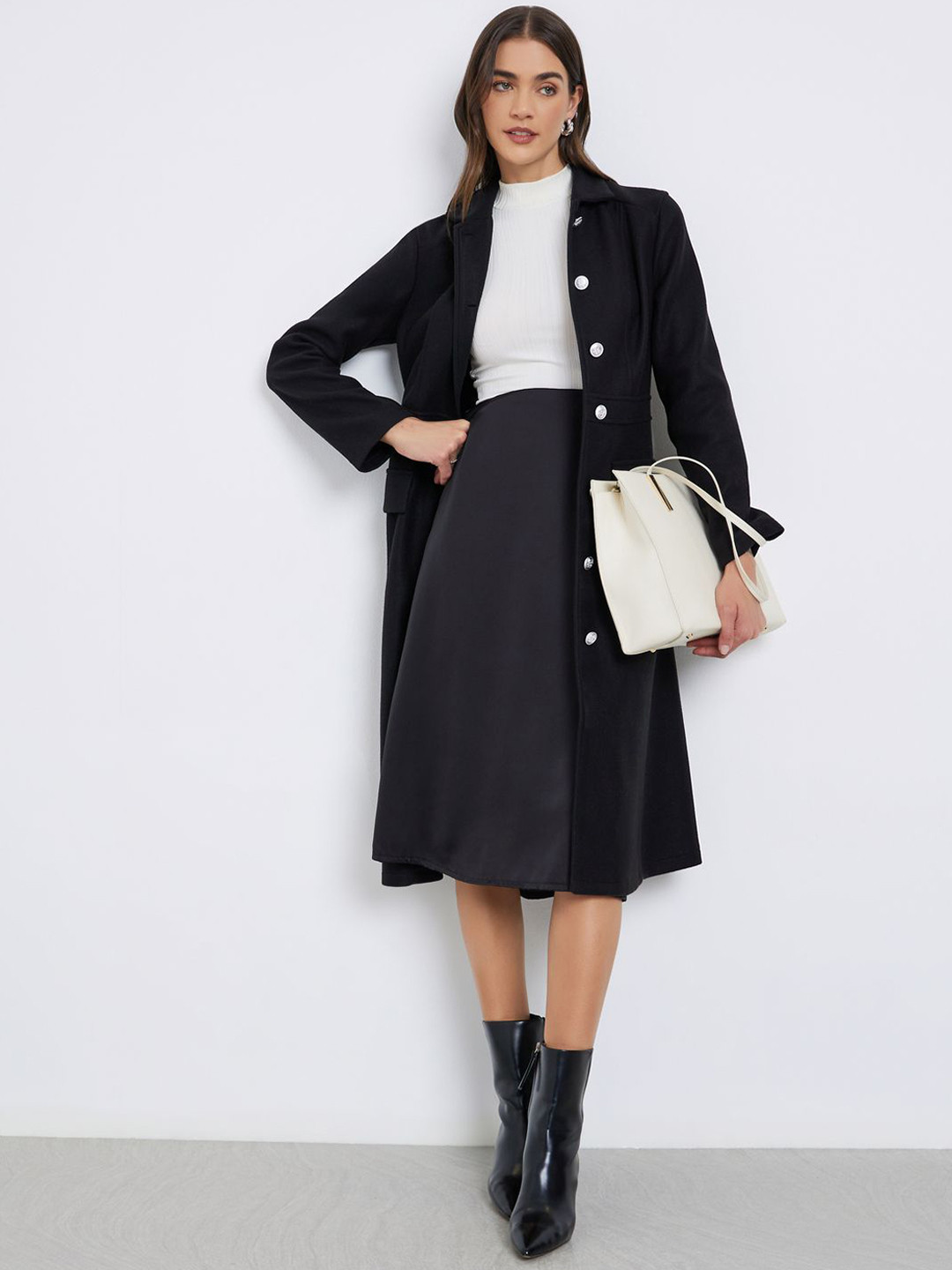 Styli Women Woolen Spread Collared Knee-Length Overcoat