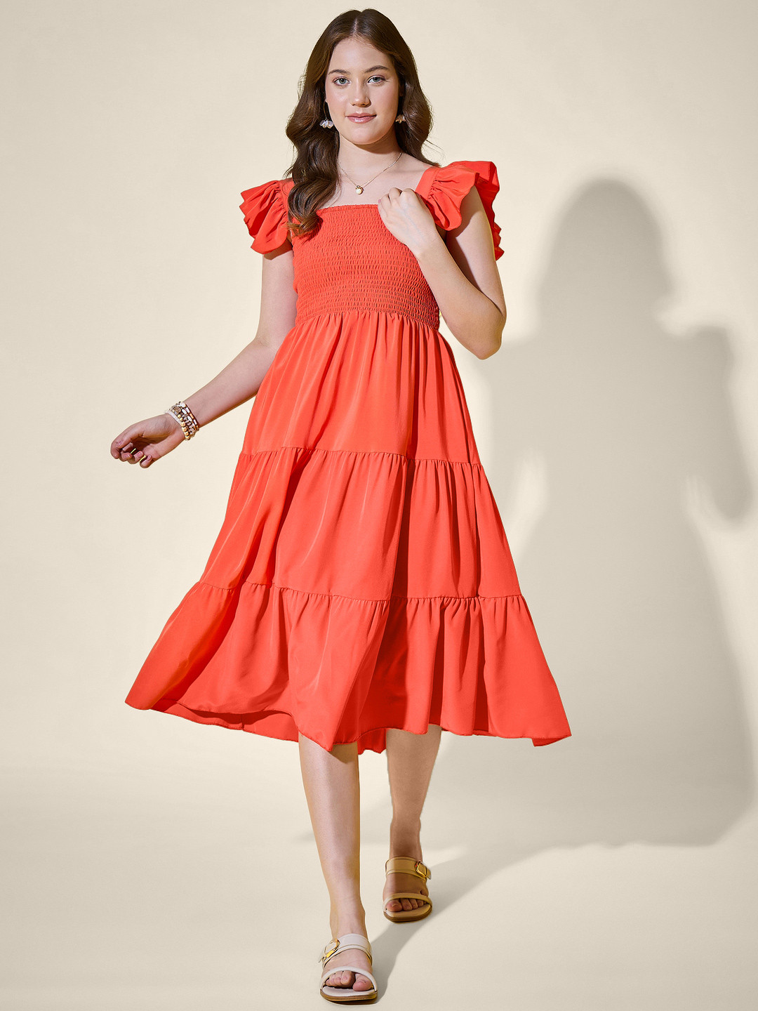 DIMPY GARMENTS Women Smocked Detail Fit and Flare Tiered Midi Dress