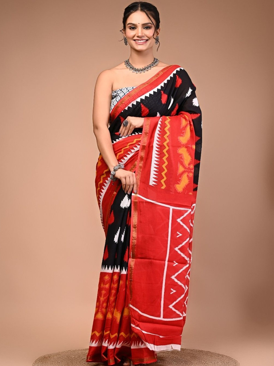 Moda Rapido Ethnic Motifs Printed Pure Cotton Ikat Saree With Unstitched Blouse Piece