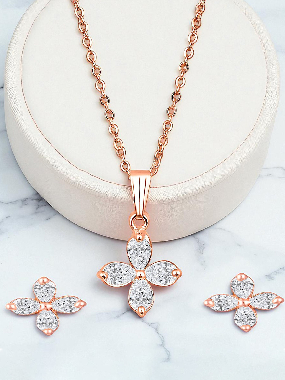 Kord Store Rose Gold Plated American Diamond Studded Beautiful Flower Pendant Set