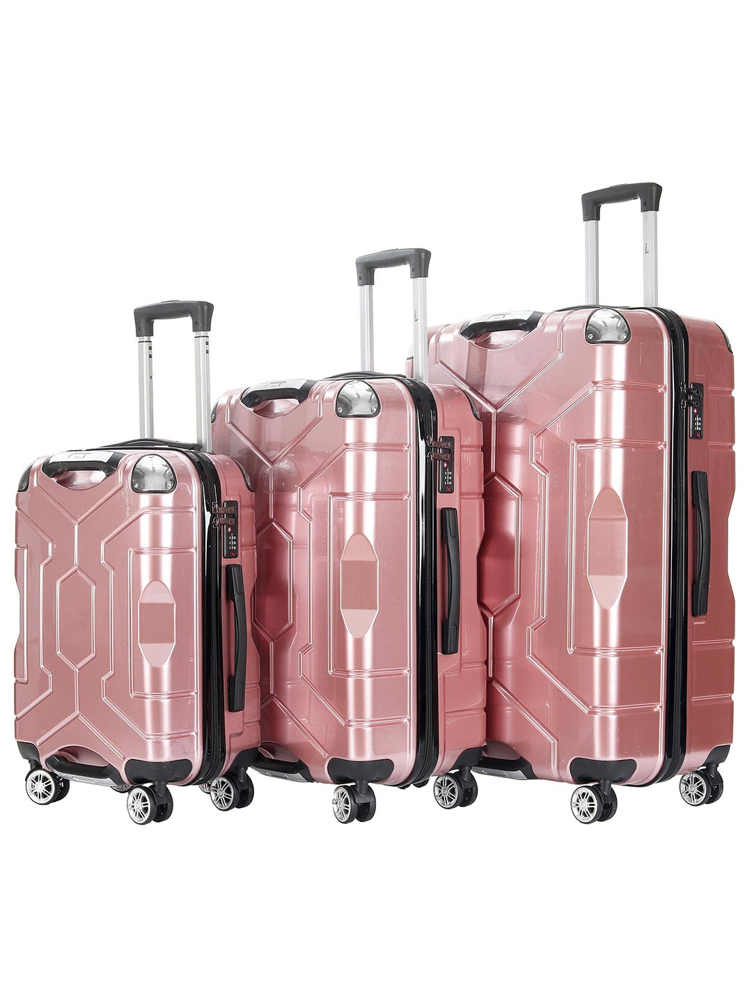 Story@home Set Of 3 Textured Polycarbonate Rose Gold 8 Wheel Hard Large Trolley Bag