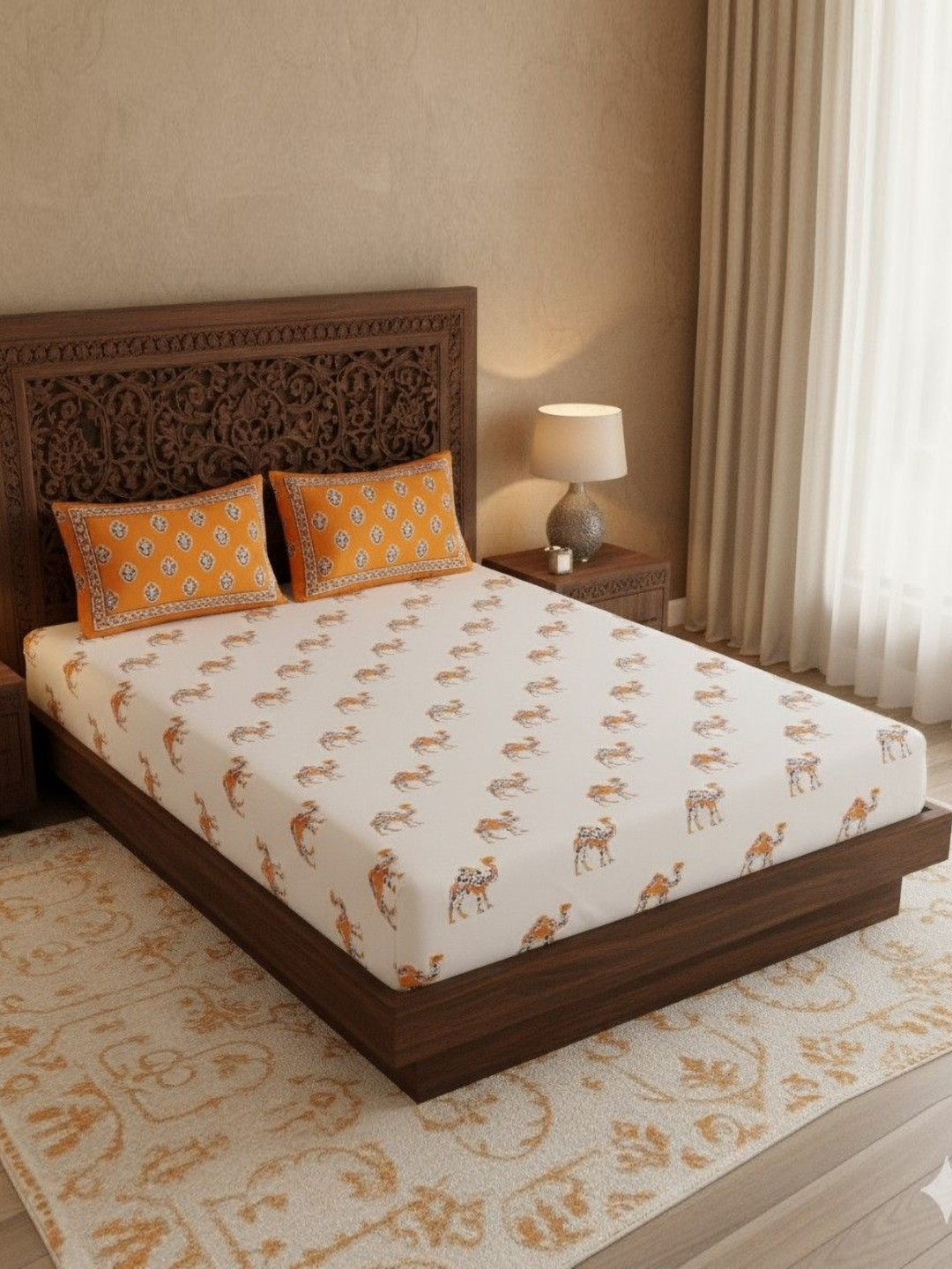 SWITCHON White & Brown Animal Printed 300 TC King Cotton Bedsheet Set 2.74 m x 2.74 m