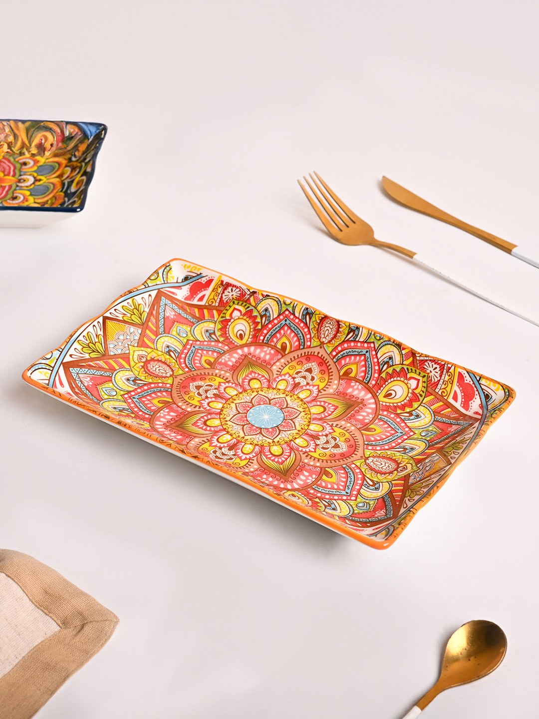 MARKET99 Orange Colored & Yellow Printed Ceramic Easy to Clean Food Platter