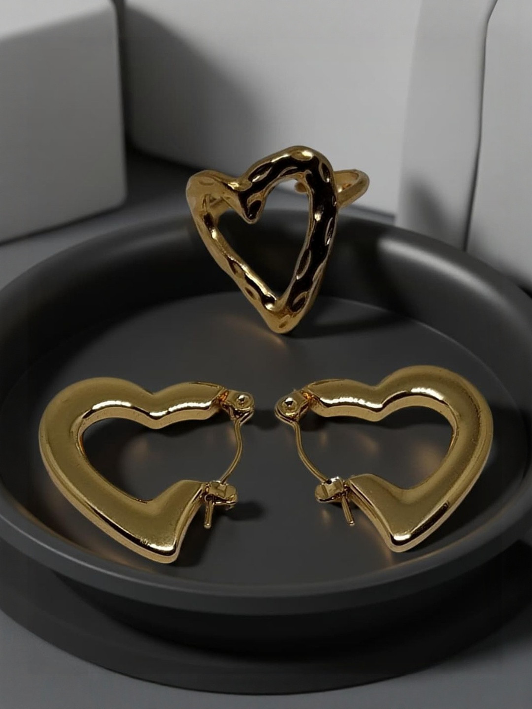 VYRA Stainless Steel Gold-Plated Finger Ring & Earrings