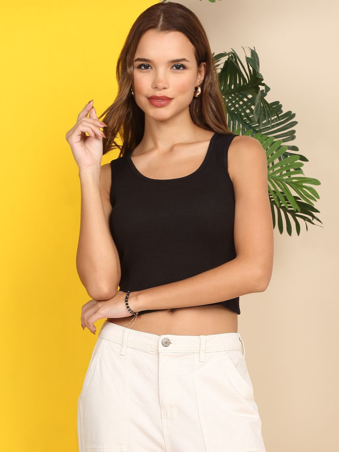 MORDEN MUSE Women Ribbed Round Neck Cotton Tank Crop Top