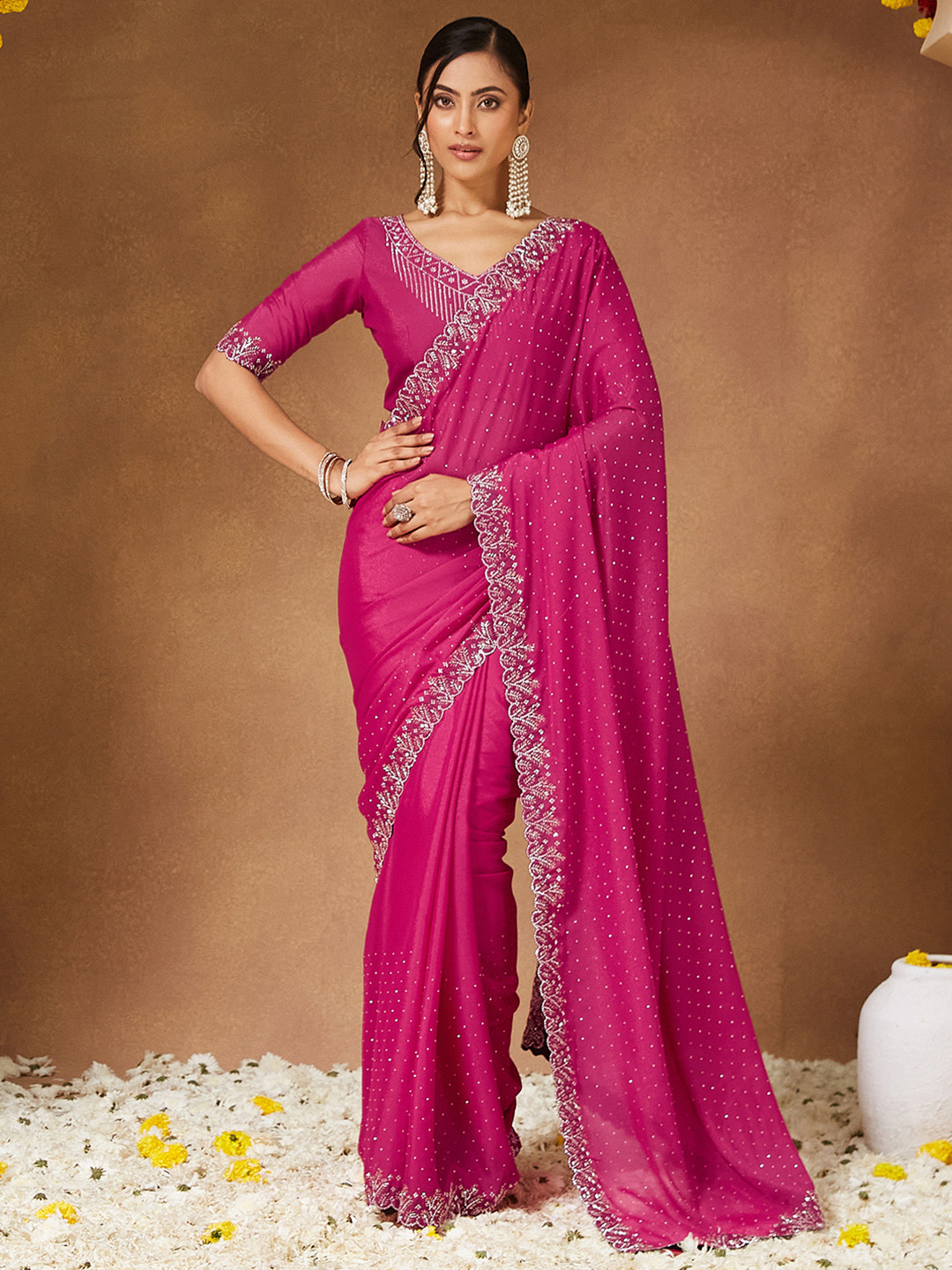 Saree mall Embellished Beads and Stones Pure Georgette Sarees With Matching Blouse