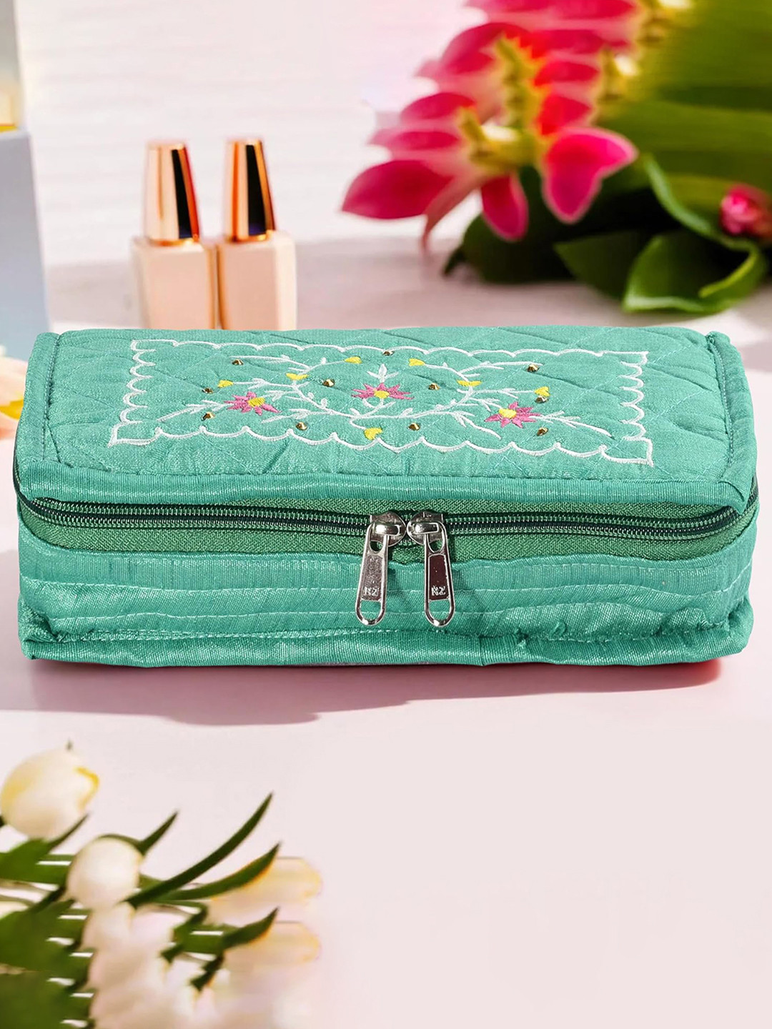 Kuber Industries Green Embroidery Design Portable Jewellery Organizer