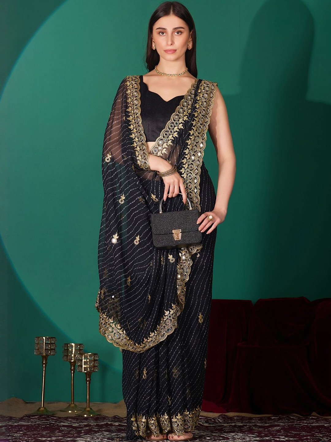 Prettyage Woven Design Mirror Work Leheriya Saree With Blouse Piece