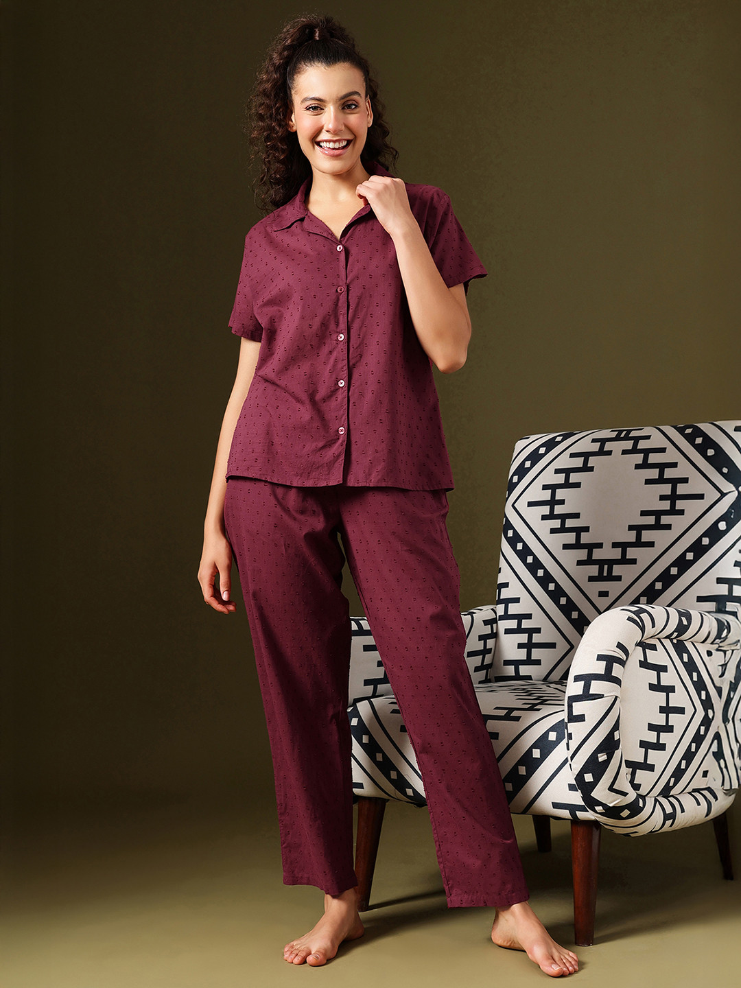 Clovia Women Embroidered Cotton Shirt & Pyjama Night suit