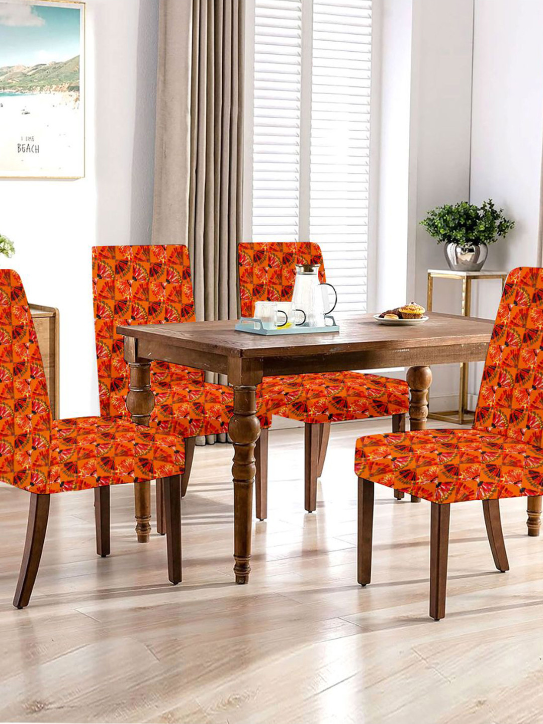 Lazi 200 GSM 4 Pieces Orange and Black Abstract Printed Stretchable Dining Chair Covers