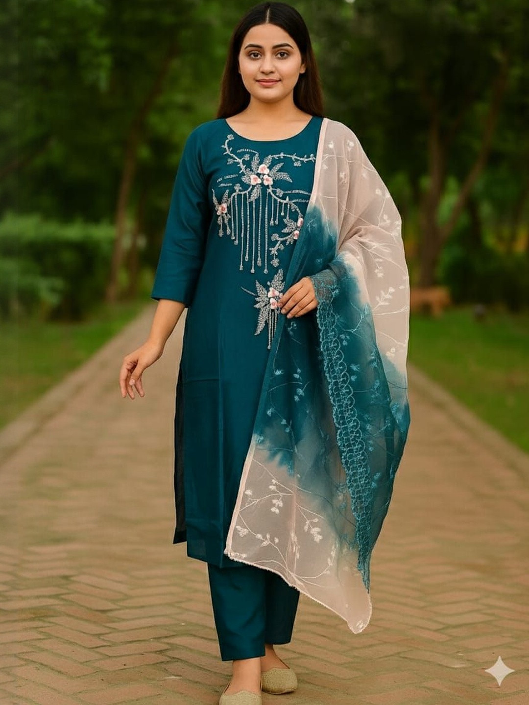 Agarwal Saree Floral Embroidered Pure Cotton Kurta With Trousers & Dupatta