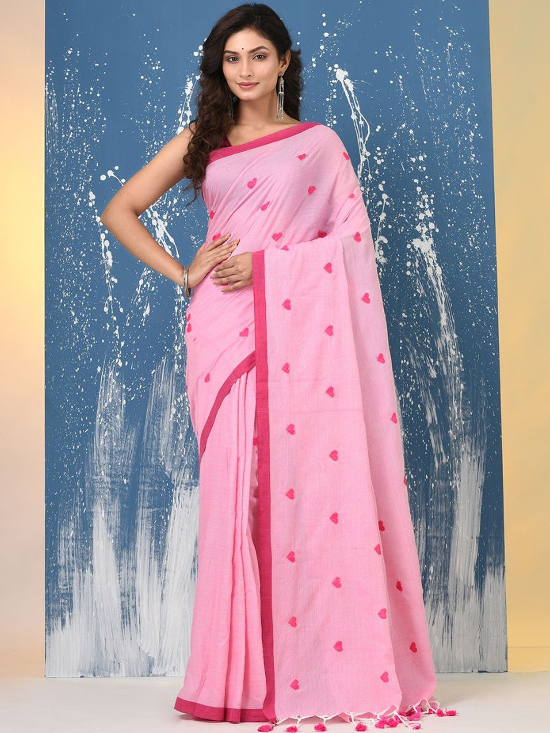 Charukriti Heart Motifs Embroidered Cotton Handloom Saree