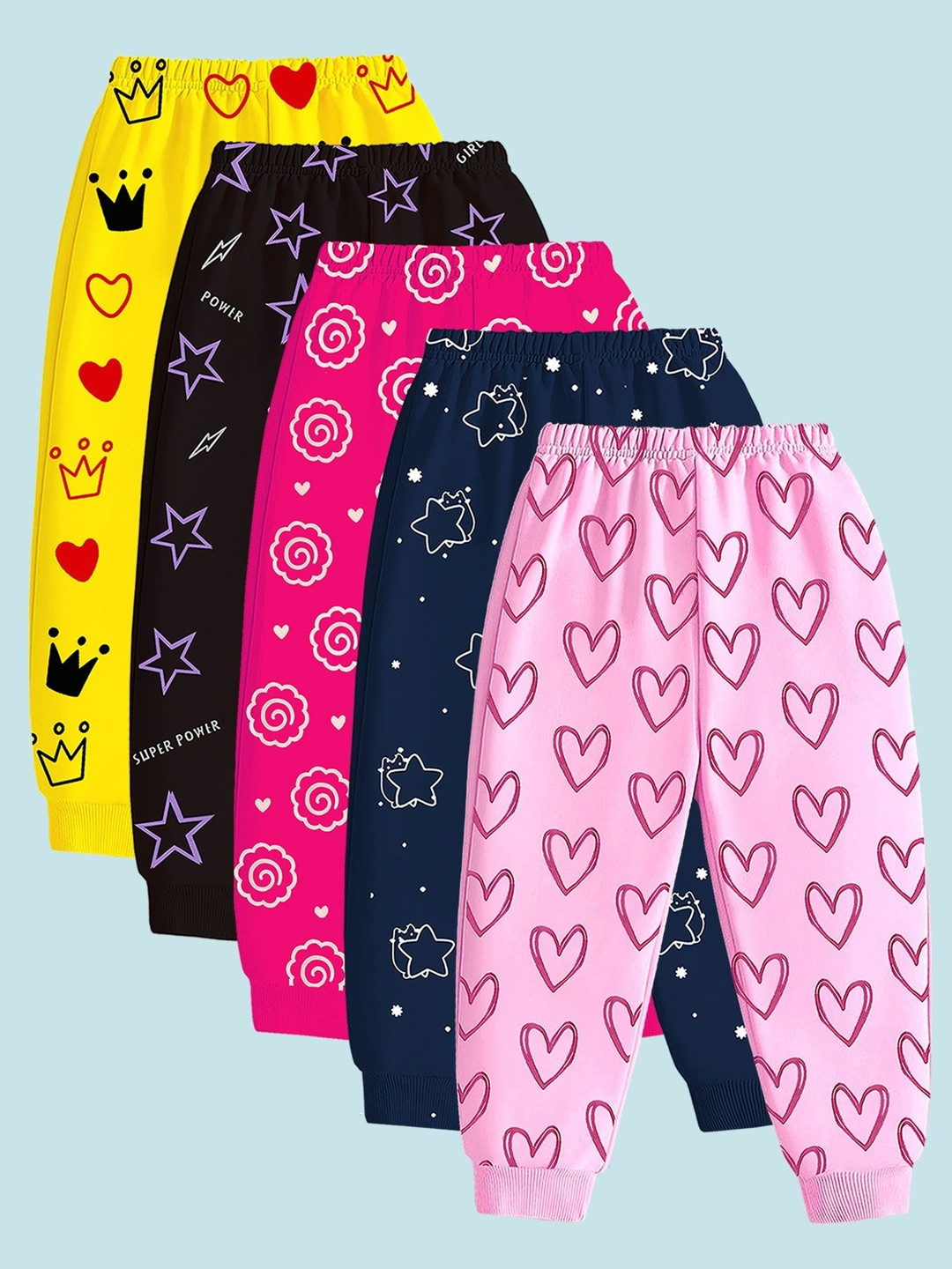 YK Girls Pack Of 5 Graphic Print Regular Fit Cotton Track Pants