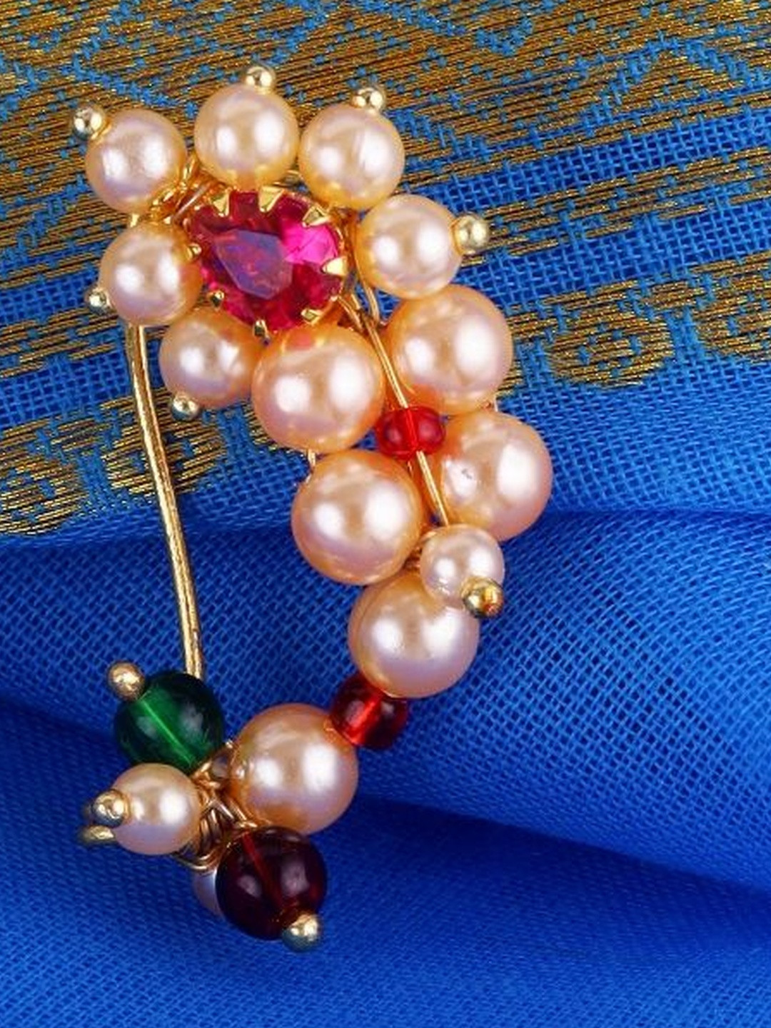 SALONI FASHION JEWELLERY Women Set Of 2 Red & Gold-Plated Pearls Septum Brass Nose Pin