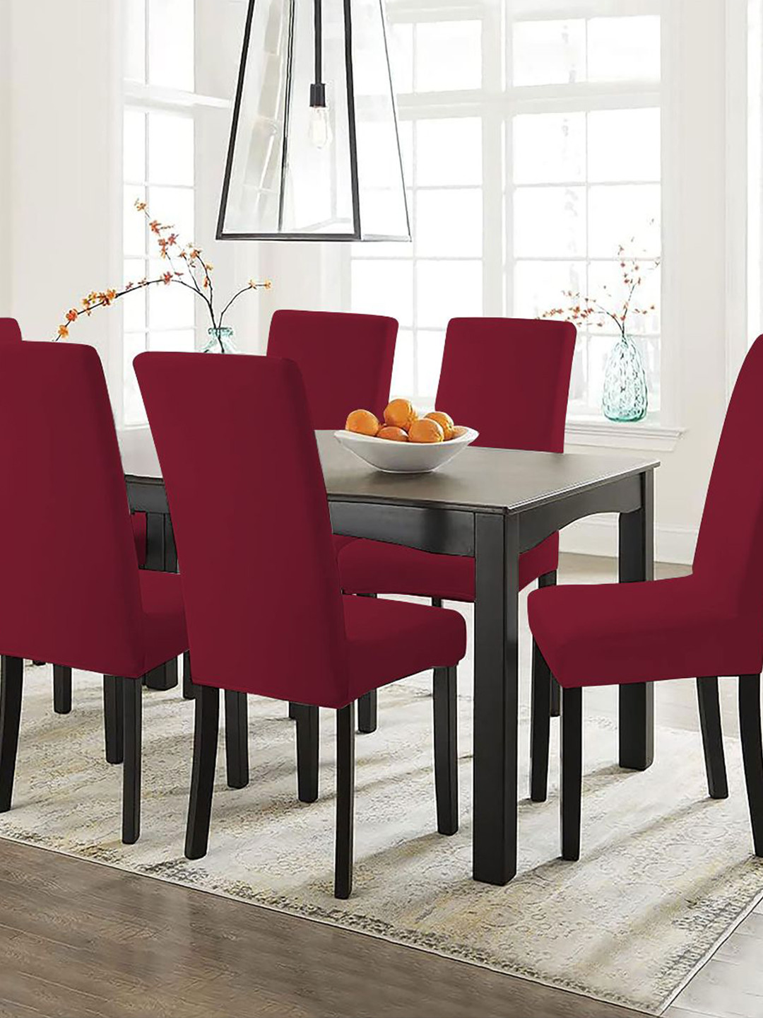 Lazi 200 GSM 6 Pieces Maroon  Elastic Stretchable Dining Chair Covers