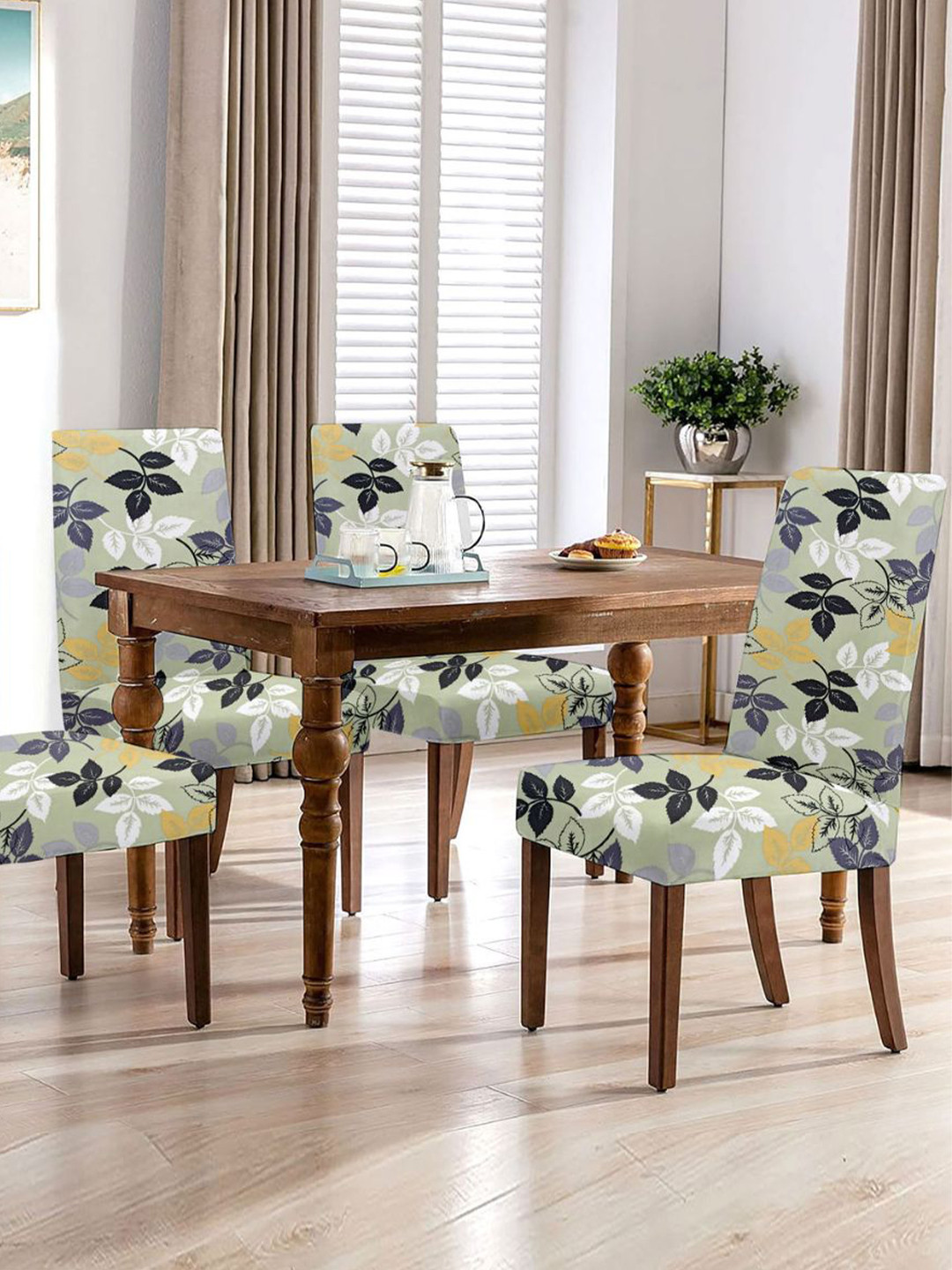 Lazi 200 GSM 4 Pieces Light Green Floral Printed Stretchable Dining Chair Covers